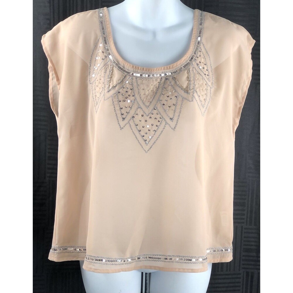 Decree Chiffon Top Blouse M Beige/ Silver Bead Sequin Scoop Neck CutOut Coquette